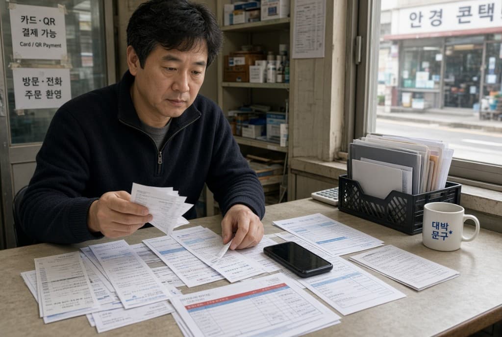 영수증과 서류가 책상 위에 쌓여 있는 사업자