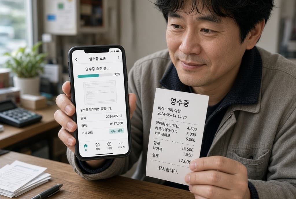 스마트폰 앱으로 영수증을 스캔해 자동 기록하는 모습