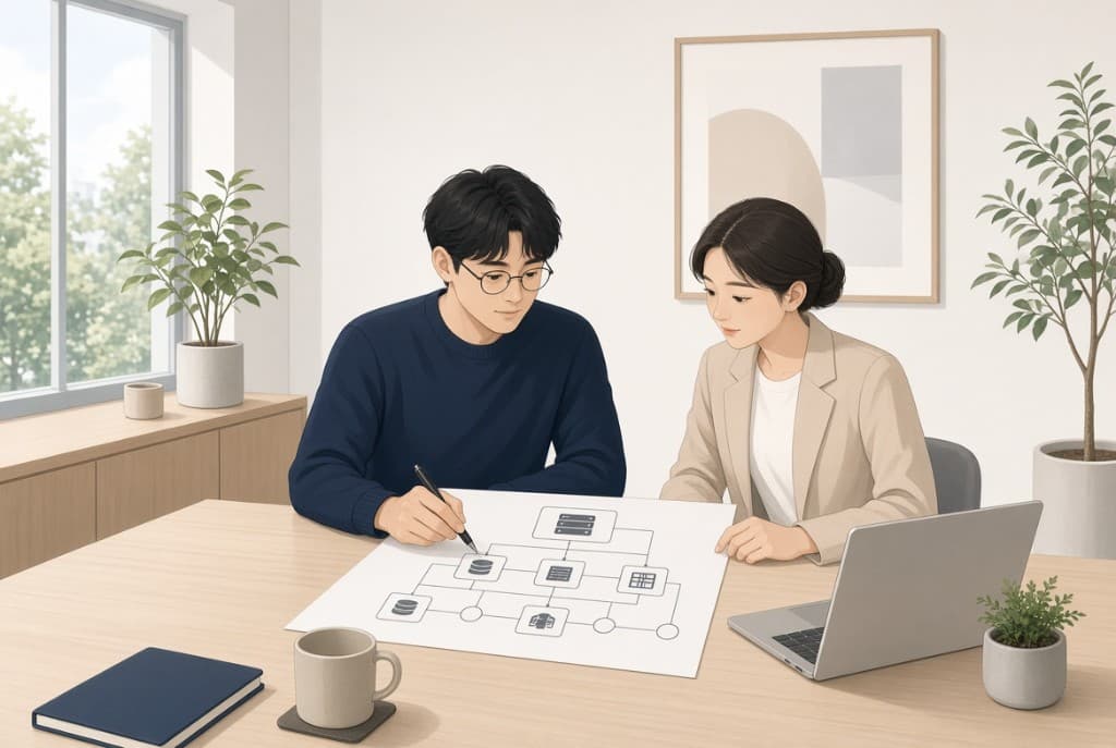 요구사항과 구성도 초안을 함께 검토하는 두 사람