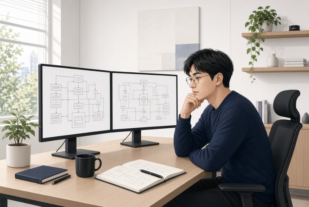 듀얼 모니터에서 인프라 구성도를 검토하는 설계자