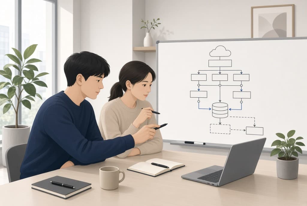 구성도의 장애 지점을 함께 검토하는 두 사람