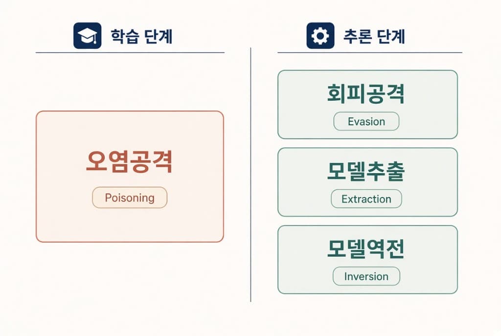 학습 단계의 오염공격과 추론 단계의 회피·모델추출·모델역전 공격