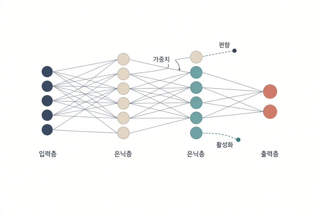 입력층, 은닉층, 출력층과 가중치·편향·활성화가 표시된 다층 인공신경망