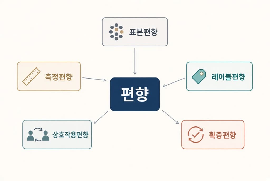 표본·레이블·확증·상호작용·측정 편향이 모이는 편향 유형
