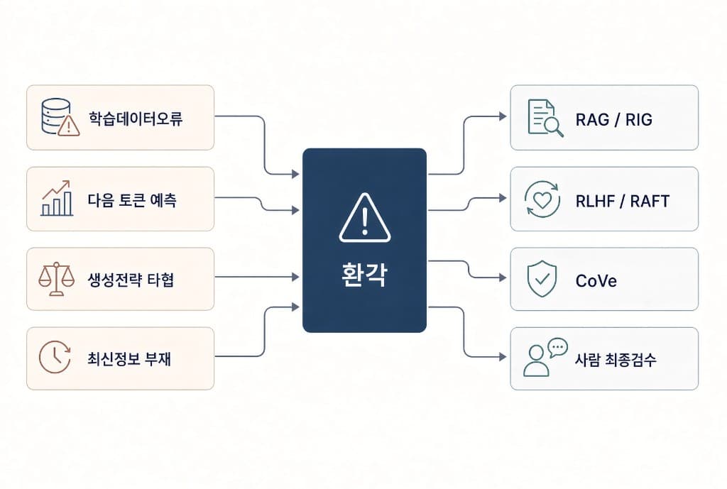 환각의 원인과 외부지식·정렬학습·검증·사람 검수로 대응하는 흐름