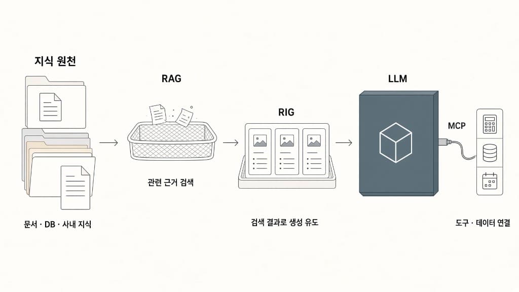 지식 원천에서 RAG·RIG를 거쳐 LLM이 MCP로 도구에 연결되는 흐름