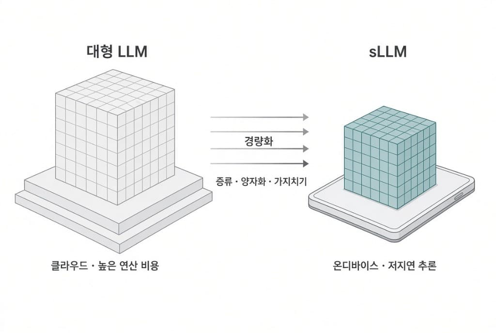 대형 LLM이 증류·양자화·가지치기를 거쳐 온디바이스 sLLM이 되는 경량화