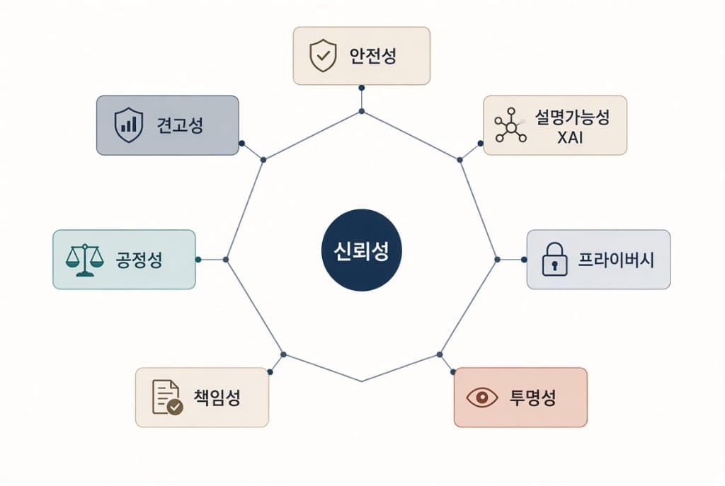 안전성, 설명가능성, 프라이버시, 투명성, 책임성, 공정성, 견고성이 모이는 신뢰성 AI