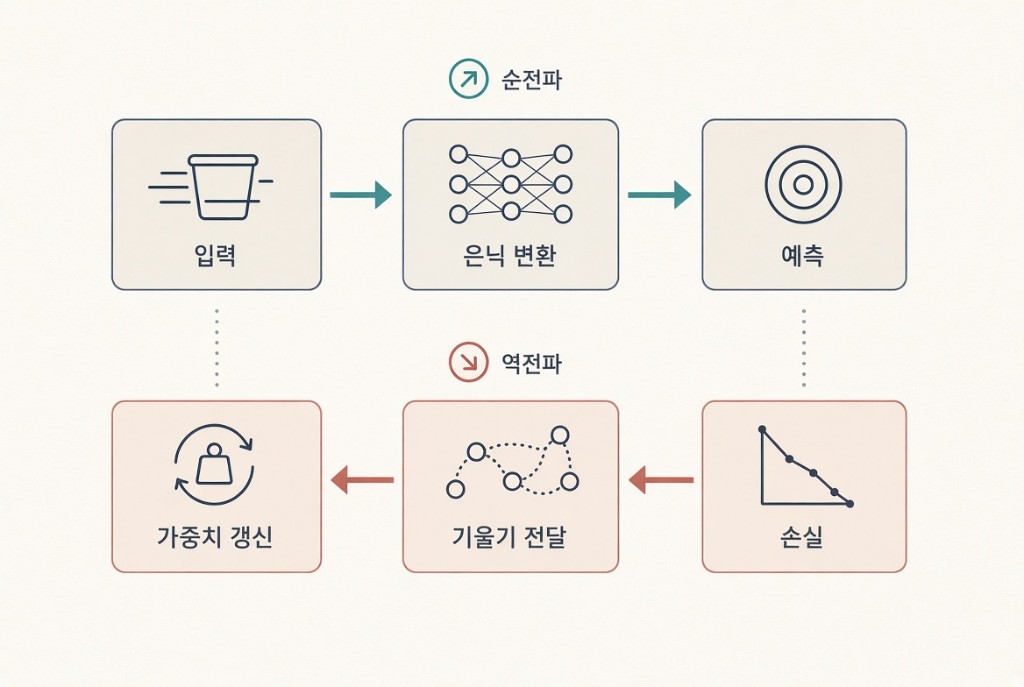 위는 입력·은닉 변환·예측의 순전파, 아래는 손실·기울기 전달·가중치 갱신의 역전파가 순환하는 학습 루프