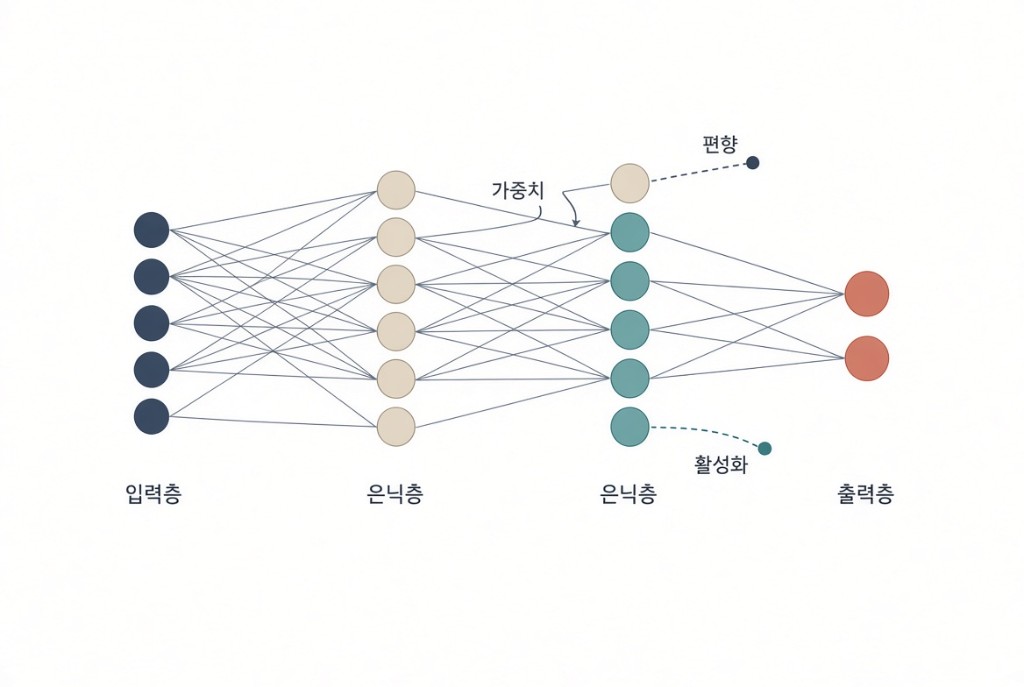 다섯 개 입력 노드, 두 은닉층, 두 출력 노드가 가중치로 연결되고 편향과 활성화가 표시된 다층 신경망