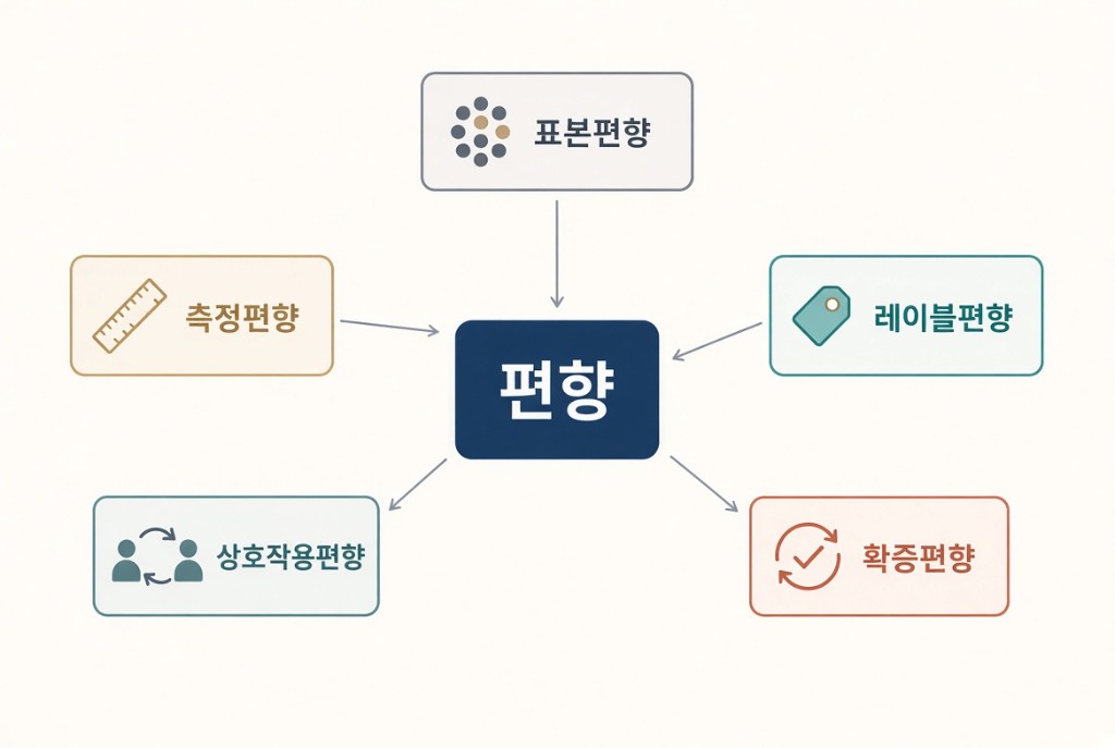 표본편향, 레이블편향, 확증편향, 상호작용편향, 측정편향이 중심의 편향으로 모이는 유형도