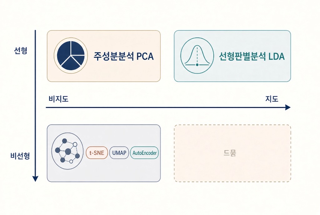 선형·비선형과 비지도·지도를 축으로 PCA, LDA, t-SNE·UMAP·AutoEncoder, 드문 비선형 지도를 나눈 2x2