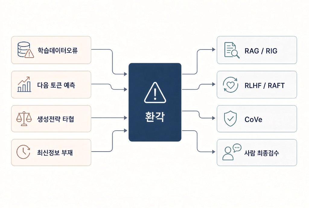학습데이터 오류, 다음 토큰 예측, 생성전략 타협, 최신정보 부재가 환각으로 모이고 RAG/RIG, RLHF/RAFT, CoVe, 사람 최종검수로 대응하는 구성