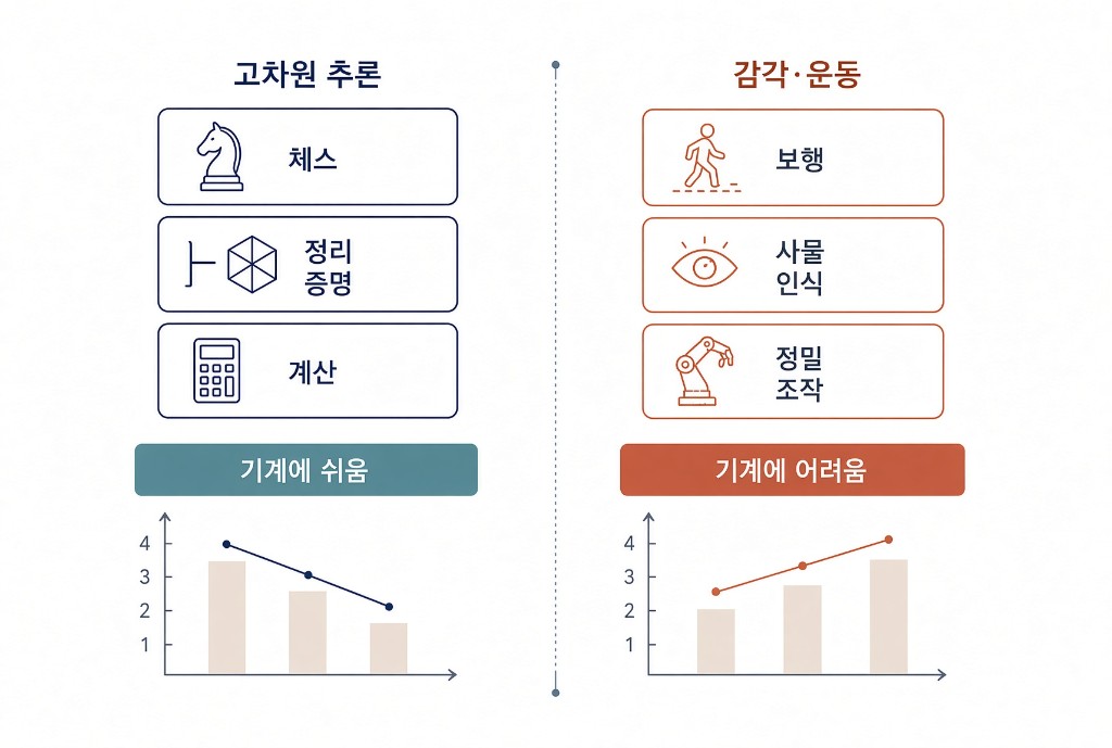 체스·정리 증명·계산은 기계에 쉽고, 보행·사물 인식·정밀 조작은 기계에 어려운 모라벡의 역설 대비