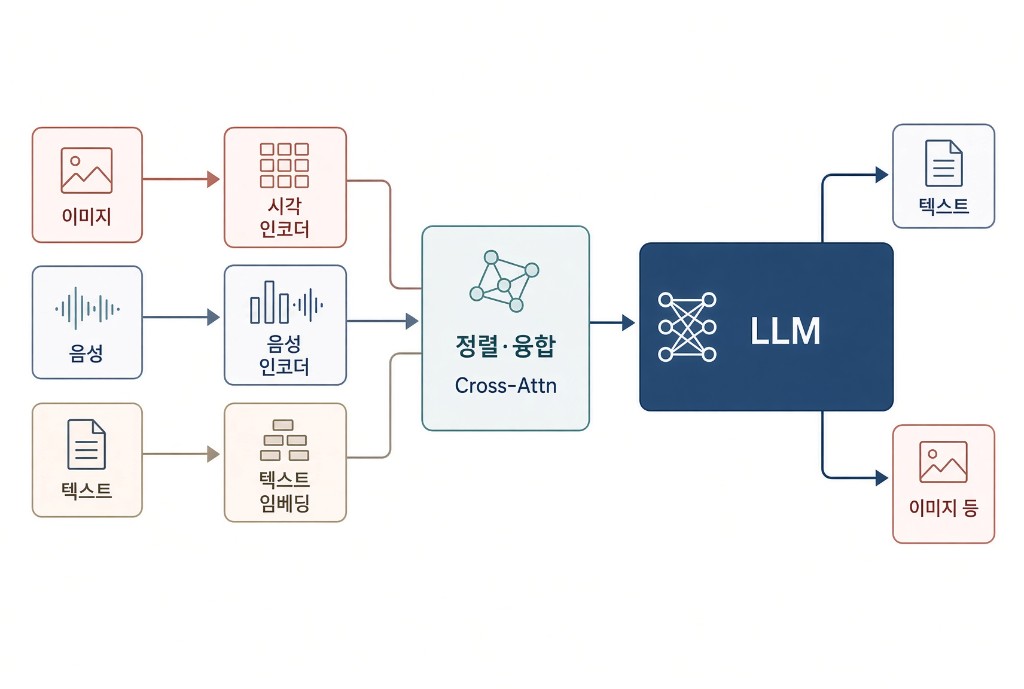 이미지·음성·텍스트가 시각 인코더·음성 인코더·텍스트 임베딩을 지나 Cross-Attn 정렬·융합 후 LLM에서 텍스트나 이미지 등으로 출력되는 구조