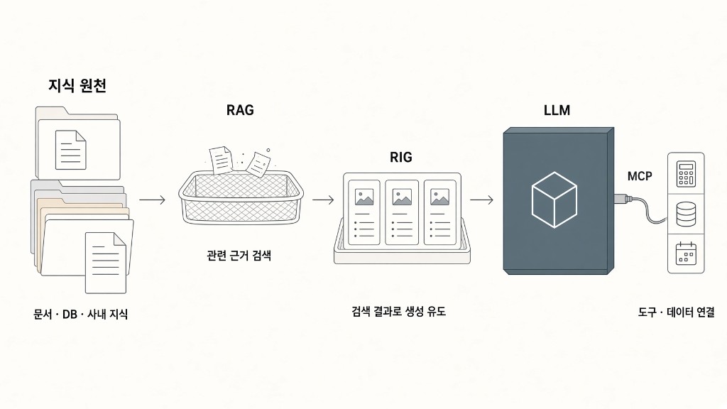 지식 원천에서 RAG로 근거를 찾고 RIG로 생성을 유도한 뒤, LLM이 MCP로 도구·데이터에 연결되는 구성