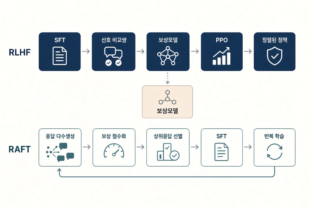 RLHF는 SFT, 선호 비교쌍, 보상모델, PPO, 정렬된 정책으로 가고, RAFT는 다수 생성, 보상 점수화, 상위 선별, SFT, 반복 학습으로 순환하는 비교