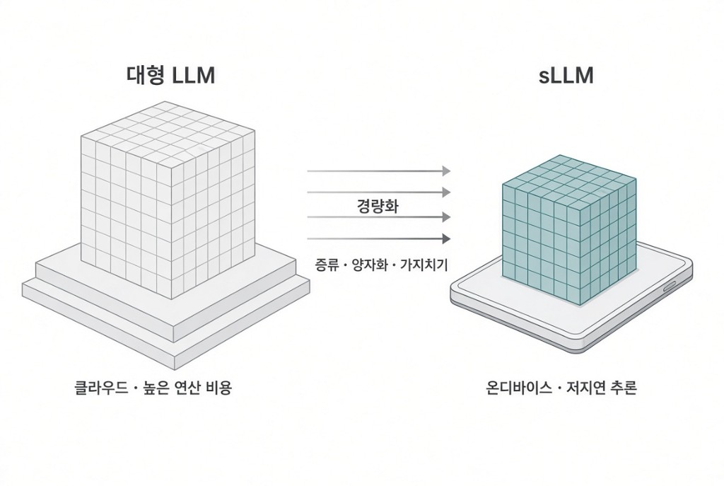클라우드의 대형 LLM이 증류·양자화·가지치기를 거쳐 스마트폰에서 동작하는 sLLM이 되는 과정